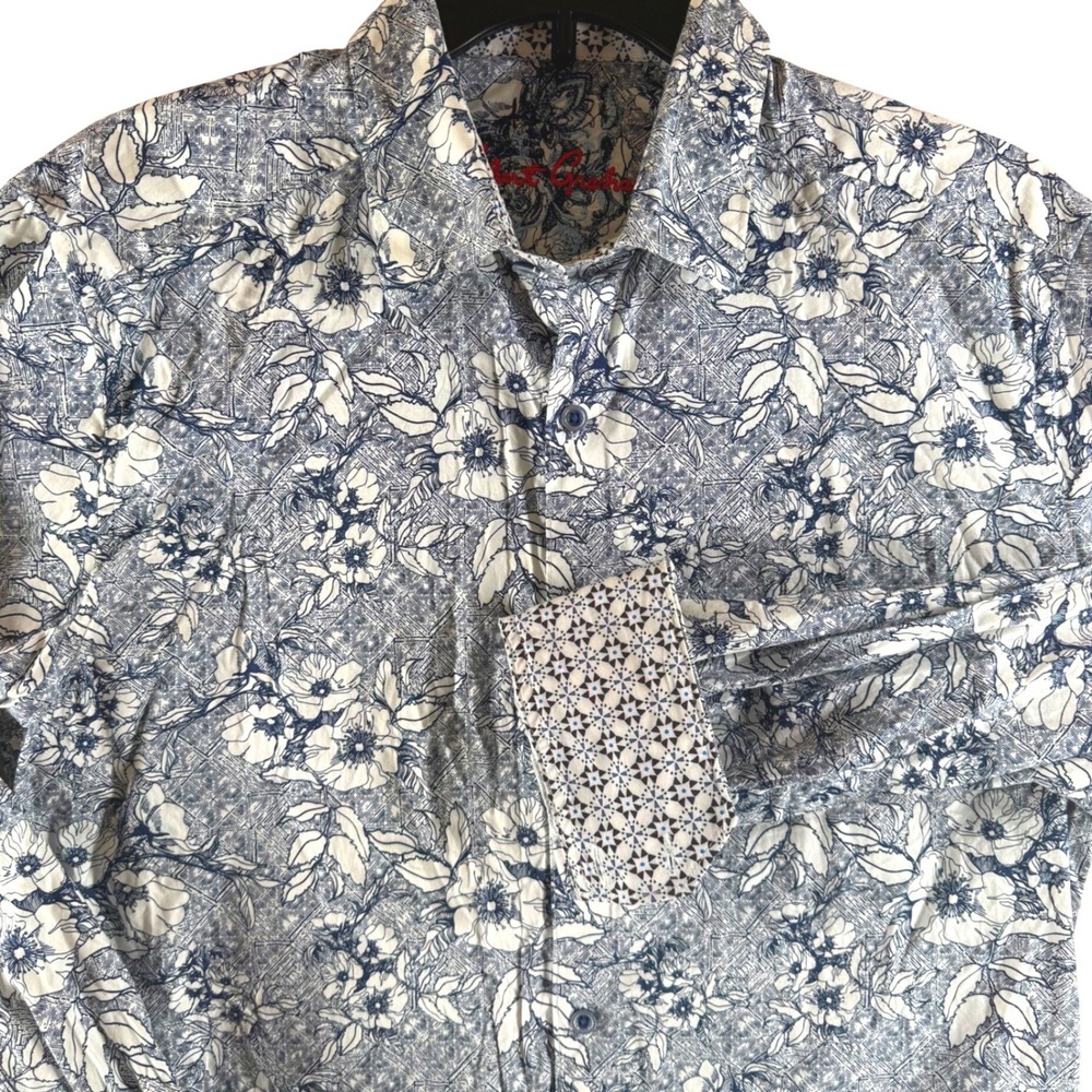 Robert Graham Shirt Mens L Blue White FLIP CUFF‎ Floral Long Sleeve Button 1234